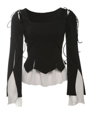 Black Irregular Patchwork Bell Sleeve Tulle Hem Long Sleeve Top