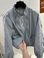 Lace Trim Stand-up Collar Zipper Jacket