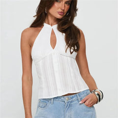 White Halter Neck Button Up Tank Top