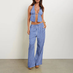Stripe Tie-Up Halter Neck Backless Tank Top And Wide-Leg Pants Set