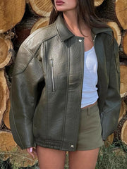Green Pu Leather Zipper Jacket