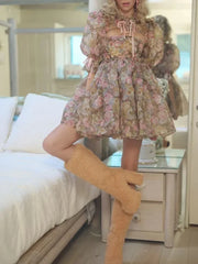 Green Floral Mesh Strapless A-line Mini Dress With Removable High Collar Bow Sleeves