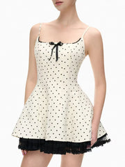 White Polka Dot Square Collar Lace Edge Mini Dress