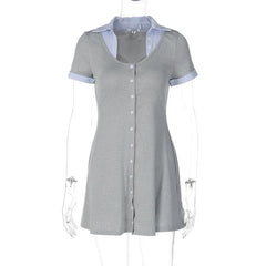 Knit Buttoned Collar Short Sleeve Mini Dress
