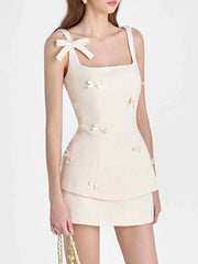 White Square Collar Sleeveless Bowknot Top And High Waist Skirt Set