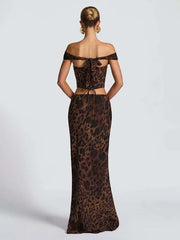 Leopard Print Off Shoulder Crop Top And Maxi Skirt Set