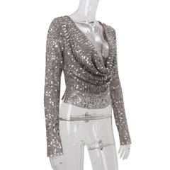 Knit Sequin Cowl Neck Long Sleeve Top