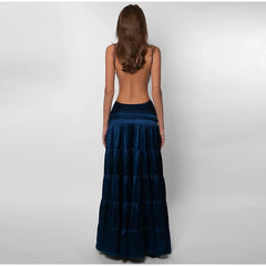 Blue Velvet Ruffles Backless Long Dress