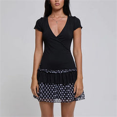 Black Polka Dot V-Neck Short Sleeve Mini Ruffle Dress