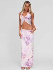 Mesh Print Halter Tank Top And Maxi Skirt Set