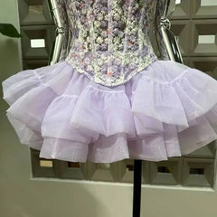 Purple Lace Embroidery Corset Top And Tulle Mini Skirt Set