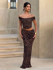 Leopard Print Off Shoulder Crop Top And Maxi Skirt Set