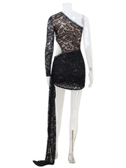 Black Lace Long Sleeve One Shoulder Cut Out Mini Dress