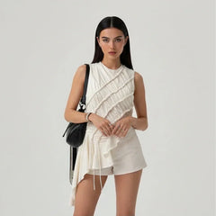 White Ruched Asymmetrical Hem Top