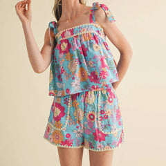 Floral Print Sleeveless Tie Up Tops with Shorts Sleepwear Set