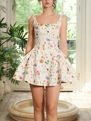 White Floral Print Square Collar Sleeveless Flare Mini Dress