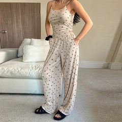 Cherry Print Cami Tops And Elastic High Waist Pants Pjs Set