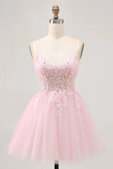 Pink Sequined Embroidered Spaghetti Strap Tulle Mini Dress