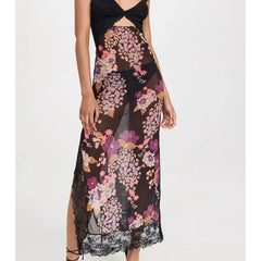 Floral Print Lace Patchwork Cutout V-Neck Midi Dress