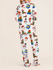Christmas Bow/Dog/Snowman Print Long Sleeve Shirt with Pants Sleepwear Set