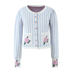 Stripe Knitted Flower Pockets Cardigan