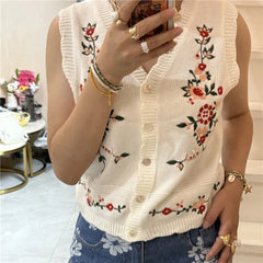 Knit V-Neck Floral Embroidery Vest