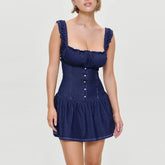 Women's blue button square neck sleeveless mini dress with A-line fit.