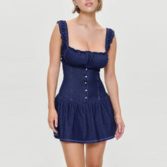 Women's blue button square neck sleeveless mini dress with A-line fit.