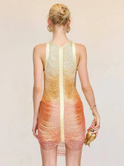 Tassel Bandage O-Neck Gradient Mini Dress