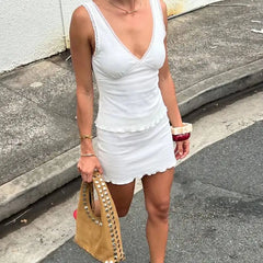 Ribbed V-neck Vest And Mini Skirt Set