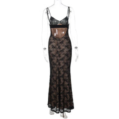 Black Lace Open Back Cami Maxi Dress