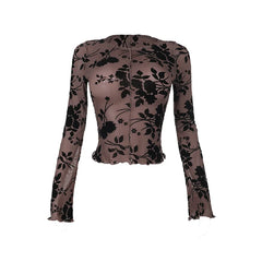 Brown Floral Print Long Sleeve Mesh Top