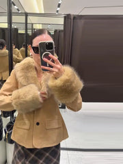 Brown Suead Faux Fur Patchwork Jacket