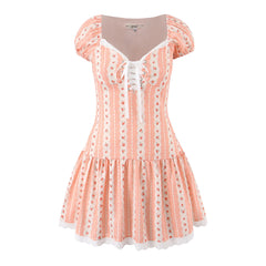 Orange Floral Stripes Print Lacing up Short Puff Sleeve Mini Dress