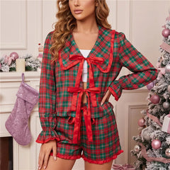 Christmas Peter Pan Collar Front Tie Long Sleeve Top And Shorts Striped Plaid Pajama Set