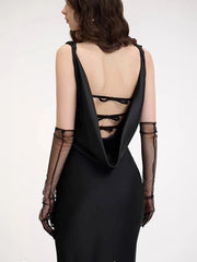 Satin Sling V Neck Backless Bow Long Dress