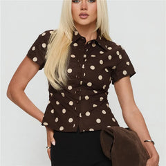 Polka Dot Short Sleeve Lapel Collar Front Button Top