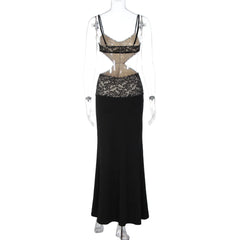 Black Lace Cut Out Open Back Strappy Maxi Dress