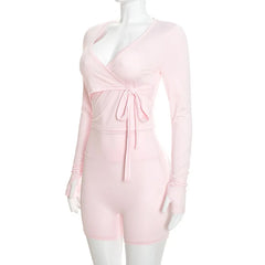 Long Sleeve V Neck Tie-Up Top And Cycling Shorts Set