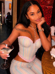 Colourful Stripe Ruffles Edge Crop Top And Capri Pants Set