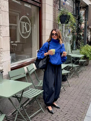Blue High Neck Ruched Sleeve Adjustable Hem Jacket