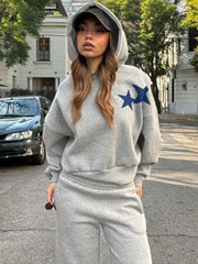 Grey Blue Star Print Hoodie