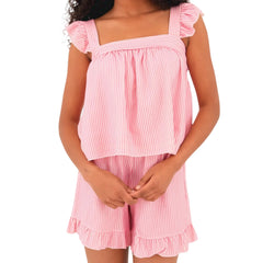 Ruffle Straps Stripe Top And Shorts Set