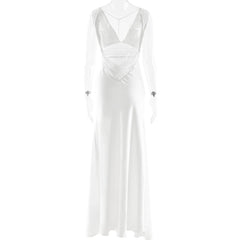 V-neck Satin Backless Pearl Chain Long Dress