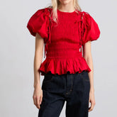Red Short Puff Tie Up Removable Sleeve Smocked Top