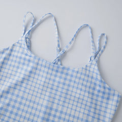 Blue Gingham Spaghetti Strap Criss Cross Back Mini Dress