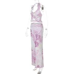 Mesh Print Halter Tank Top And Maxi Skirt Set