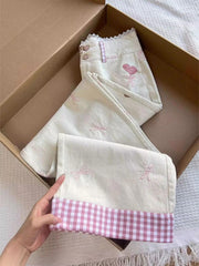 White Denim With Pink Lace Trim Teddy Embroidery Patchwork Jeans