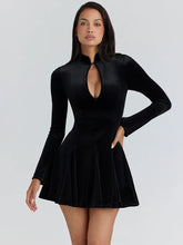 Black Velvet High Neck Cut Out Long Sleeve Mini Dress