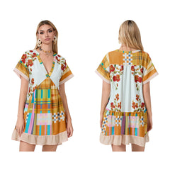 Floral Print Short Sleeve V-Neck Ruffled Hem Loose Mini Dress with Pockets